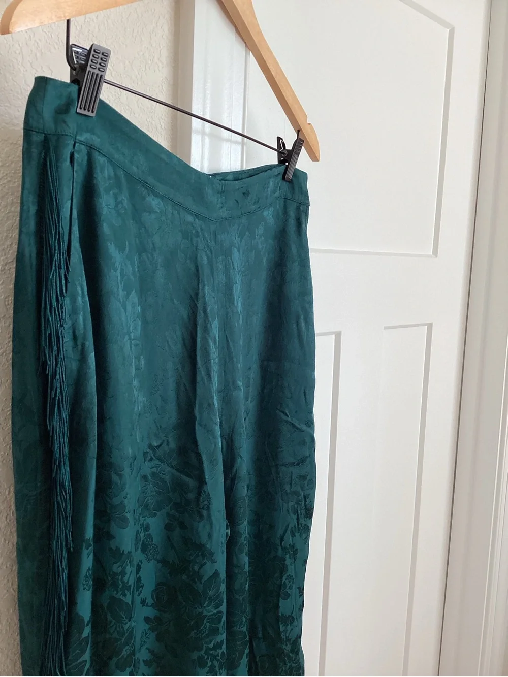 Anthropologie Patterned Fringe Trouser Pants New 12 Dark Green Teal Jacquard - Picture 7 of 16